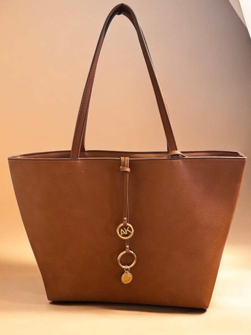 Anne Klein Cognac Pebbled Leather Tote with Gold Charm